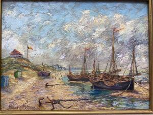 Oil painting depicting a Belgian coastal scene with boats 