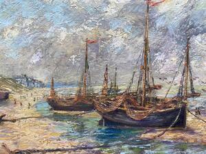 Oil painting depicting a Belgian coastal scene with boats 