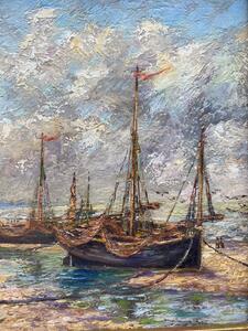 Oil painting depicting a Belgian coastal scene with boats 