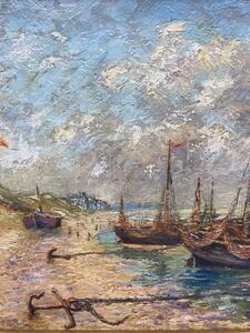 Oil painting depicting a Belgian coastal scene with boats 