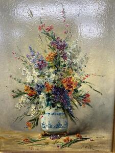 XIX Eugene Petit painting of a vase with wild flowers 