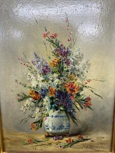 XIX Eugene Petit painting of a vase with wild flowers 